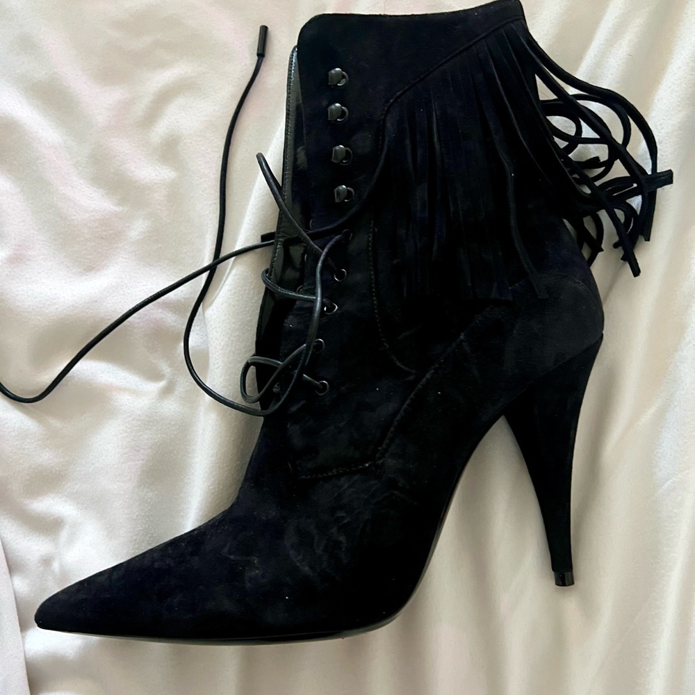 Saint Laurent  Kiki 100 Lace Up Fringe Boots Black - Picture 6 of 12